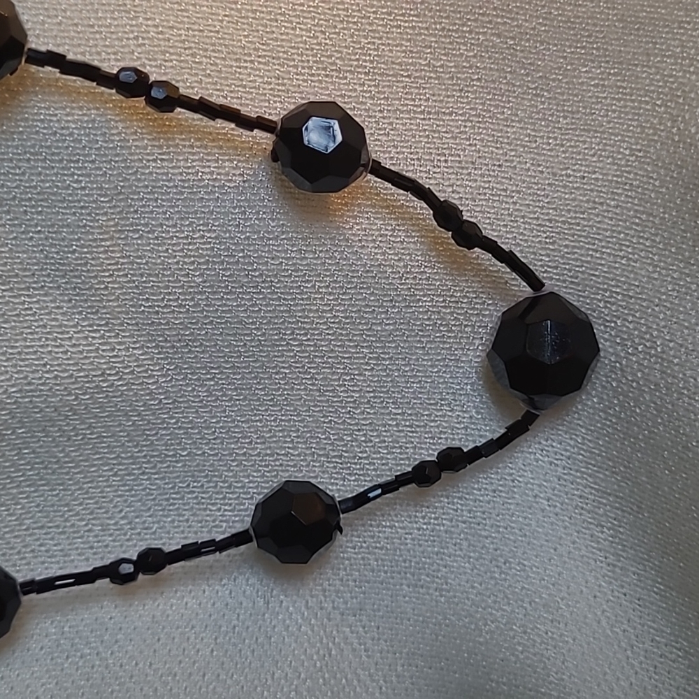 Vintage Flapper Style Black Beaded Satellite Necklace Silver Tone Metal